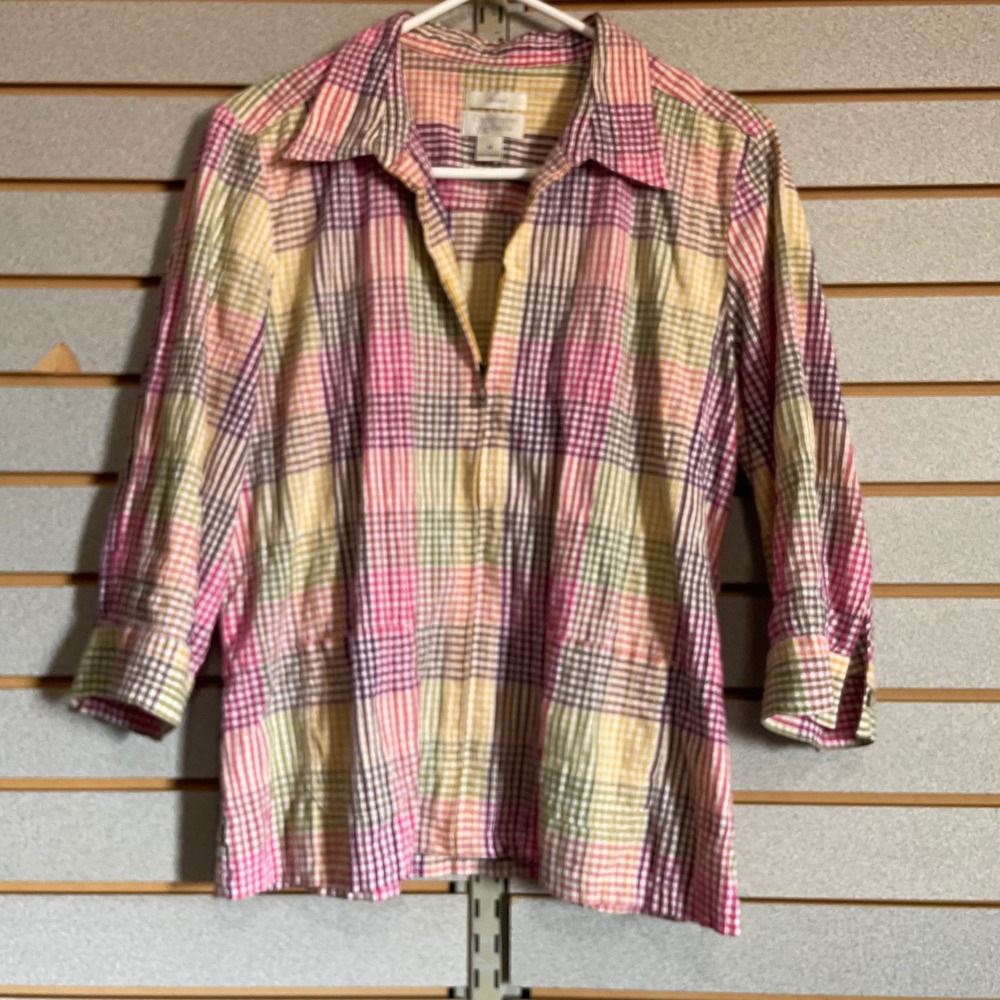 Christopher & Banks Womens Pink Yellow Plaid 3/4 Sleeve Stretch Shirt Size M